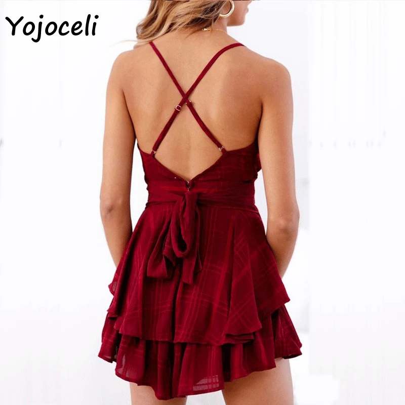 Yojoceli sexy boho beach ruffle jumpsuit romper summer 2019 plaid v neck strap playsuit party bow rompers | Женская одежда