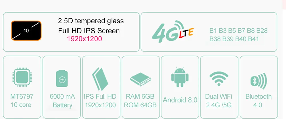 Новинка, 10 ядер, 10 дюймов, планшетный ПК, Android 8,0, 1920*1200, ips ram, 6 ГБ rom, 64 ГБ, две sim-карты, 8 Мп камера, 2,4/5G, wifi, планшеты 10,1