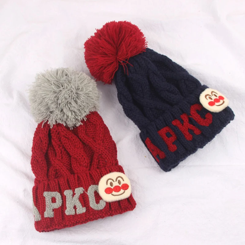 Детские шапки однотонная шерстяная вязаная шапка с вышитыми буквами и героями