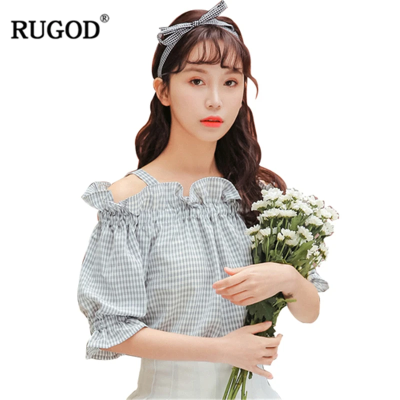 RUGOD женские блузки в клетку с открытыми плечами и коротким рукавом эластичная