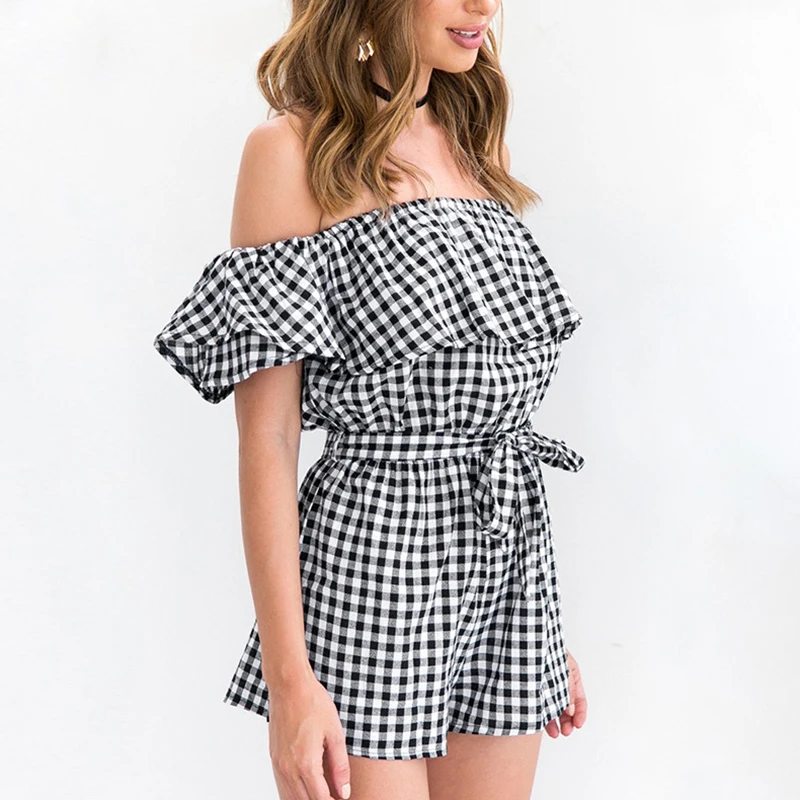 JOGTUME комбинезон с открытыми плечами элегантный женский поясом летний клетчатый