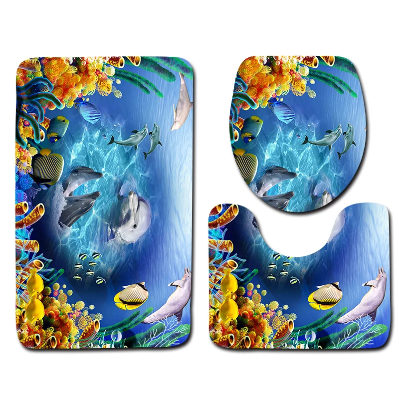 3d underwater world bathroom shower bath mat toilet lid cover bathroom carpet rugs home decoration dolphin bathroom mat set free global shipping