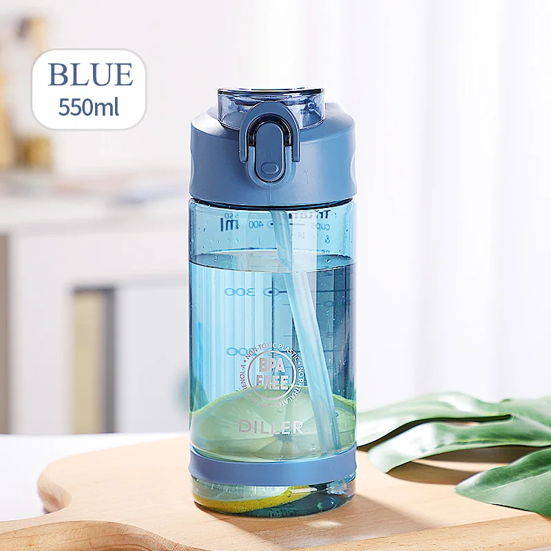blue 550ml Новая тритановая бутылка для воды с соломинкой 550 мл/750 мл, пластиковая бутылка для спорта, фитнеса, тренажерного зала, без бисфенола, для детей, портативные бутылки для напитков - Цвет: blue 550ml