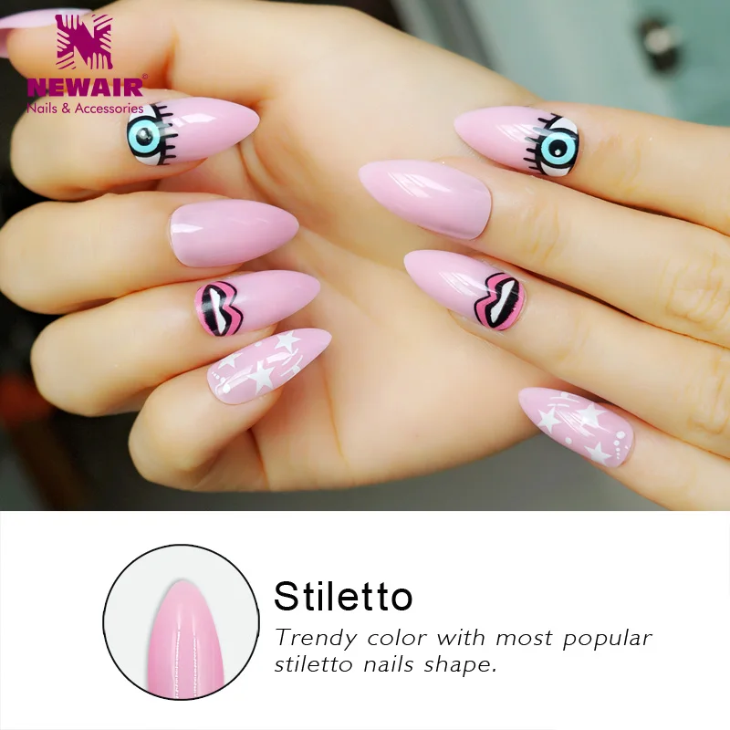 Длинные розовые острые накладные ногти полное покрытие сглаза с клеем цветные