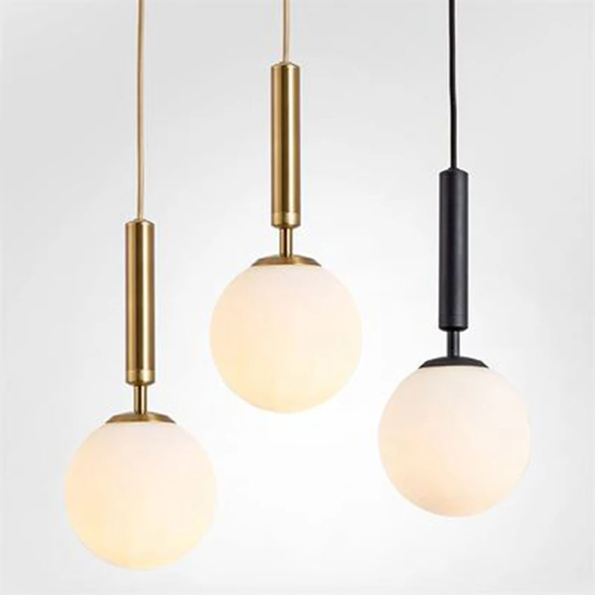 

Nordic Milky Glass Transparent Glass Golf Glass Ball Pendant Lamps Electroplated Copper Led Black Iron Pendant Lights Luminaire