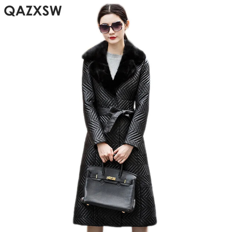 QAZXSW кожаное пальто из овчины новинка 2019 зимняя женская куртка натуральной кожи