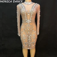 women sexy stage net yarn dress big glass sparkling crystal nightclub party dancer singer stage wear performance dance costumes