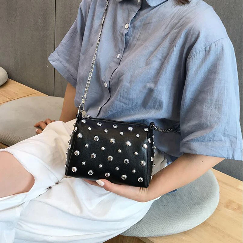 Yogodlns Bags For Women New Fashion Rivet PU Leather Women Bag Diamonds Shoulder Messenger Bag Chains Small Flap Crossbody Bag