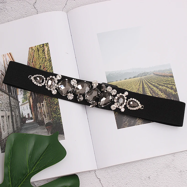 

2019 Autumn New Colorful Glass Rhinestone Waistband Corset Strap High Elastic Crystal Gems Waist Belt Cummerbund Female Belts
