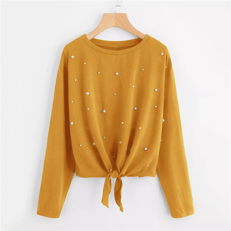 Dotfashion женская футболка с длинным рукавом, украшенная бисером и жемчугом, осень, модная женская одежда, Весенняя Повседневная футболка с круглым вырезом
