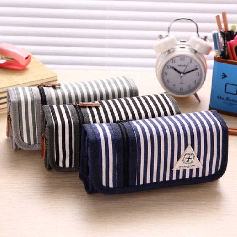 Многофункциональный вместительный холщовый школьный чехол карандаш в полоску