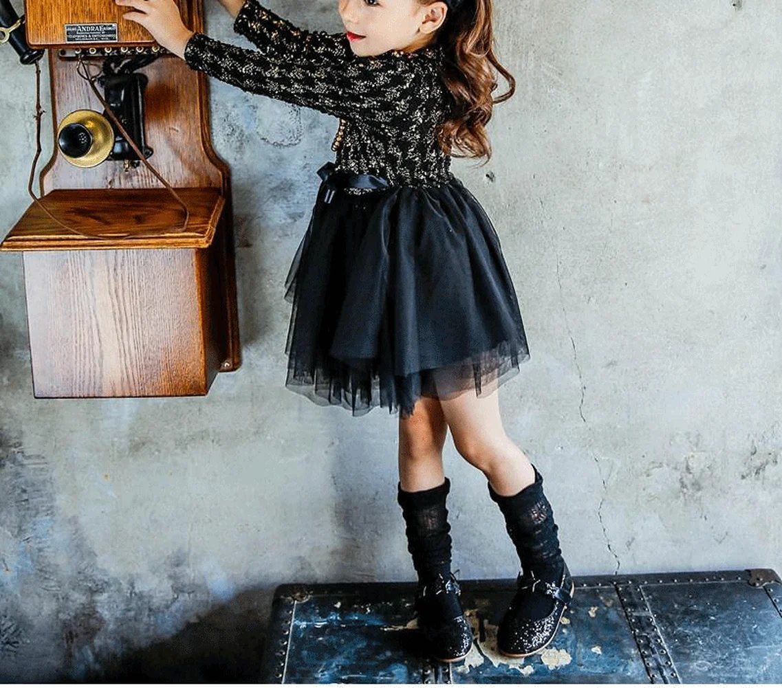 2019 Autumn New Korean Version of The Cute Girls Solid Bow Graceful Princess Full Length Sleeve Mesh Patchwork Ball Gown Dresses | Детская