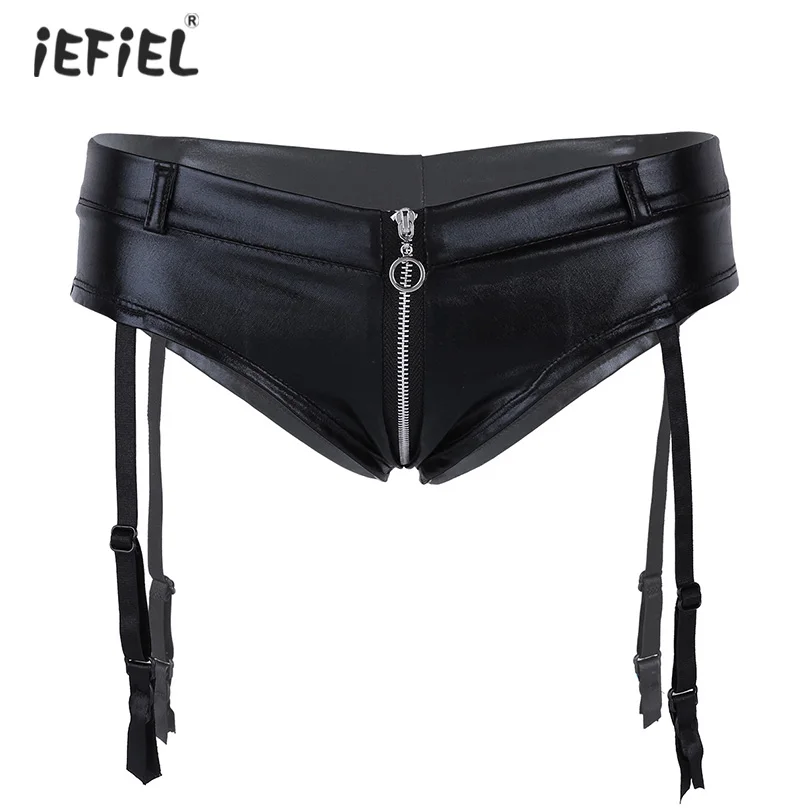 

Women Sissy Lingerie Faux Leather Zipper Open Crotch Panties Low Rise Slim Briefs Sexy Hot Underwear Erotic Panties with Garters