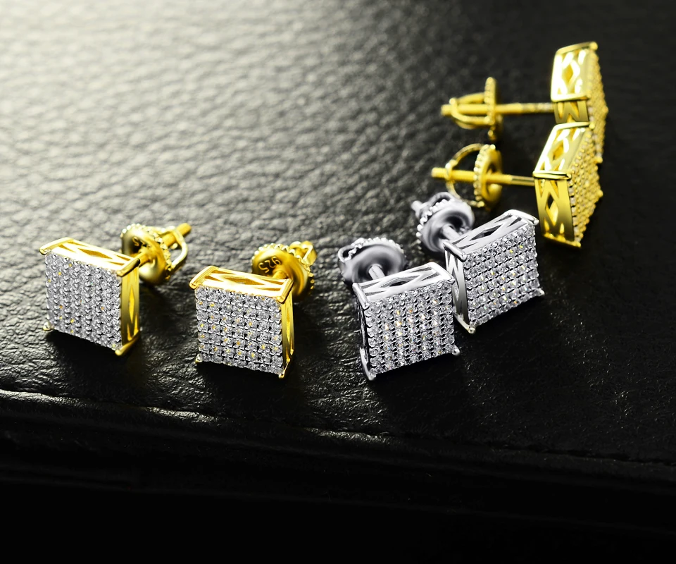 Hiphoplion 925 серебро в стиле хип хоп Серьги Iced Out AAA циркон квадратных Стад серьги винт