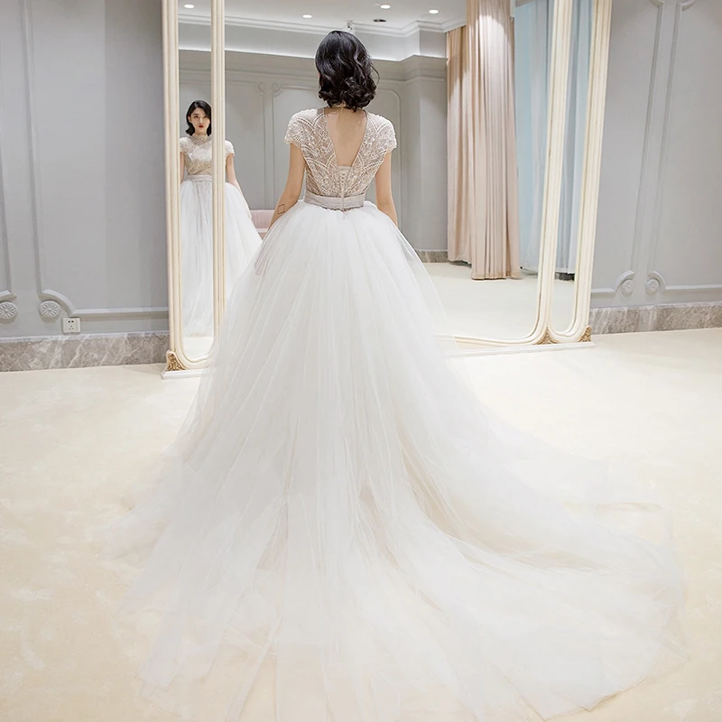 

Vintage High End Evening Dresses 2020 High Neck Short Sleeves Beads Tulle Prom Party Gowns Formal Dress vestidos de festa