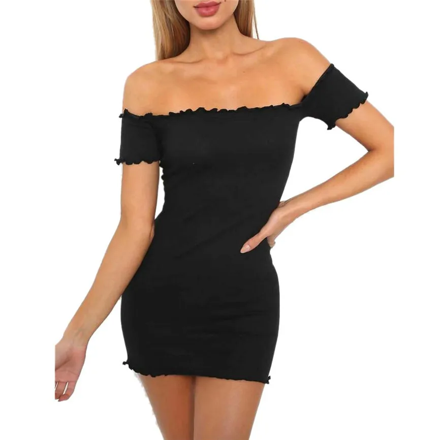 Summer Women Off Shoulder Mini Dress Ladies Short Sleeve Crimping Party 2019 Evening | Женская одежда