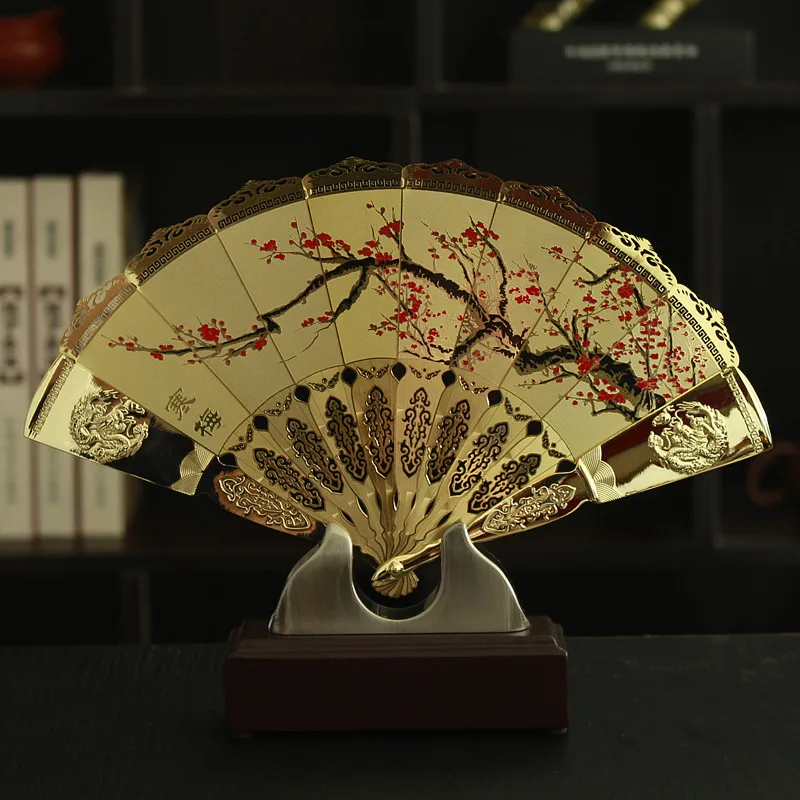HOT SALE foreign business gift with box plum blossom flower CHINA ART gilding fan copper statue --Collector Edition