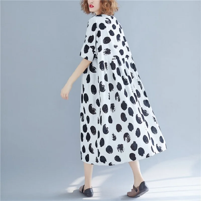 Винтажное женское платье в горошек Длинное свободное летнее из хлопка и льна