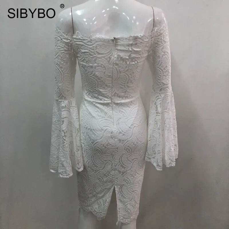 Sibybo кружевное платье с открытыми плечами и расклешенными рукавами женское элегантное вечернее платье с вырезом лодочкой и длинным рукавом осеннее сексуальное облегающее платье