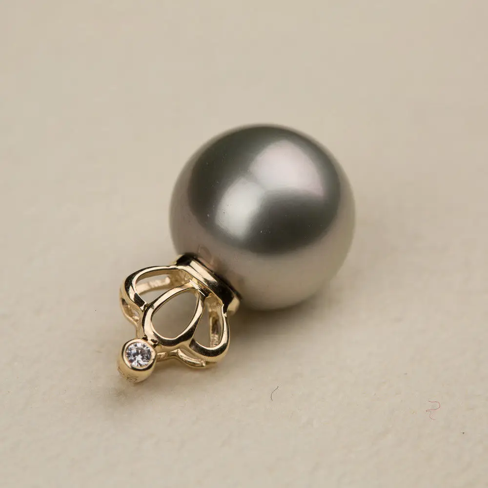 Free Shipping AAA 9-11mm Gray Real Tahitian Cultured Pearl Crown Pendant 14k Solid Yellow Gold #0209 | Украшения и аксессуары