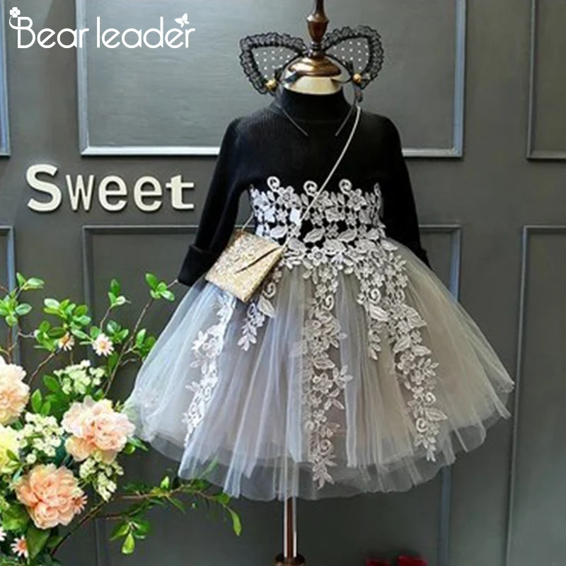 Bear leader/платье для девочек г. Детские Платья с цветочным рисунком Одежда для девочек кружевное однотонное вечернее платье вязаный свитер Детское платье принцессы От 3 до 7 лет