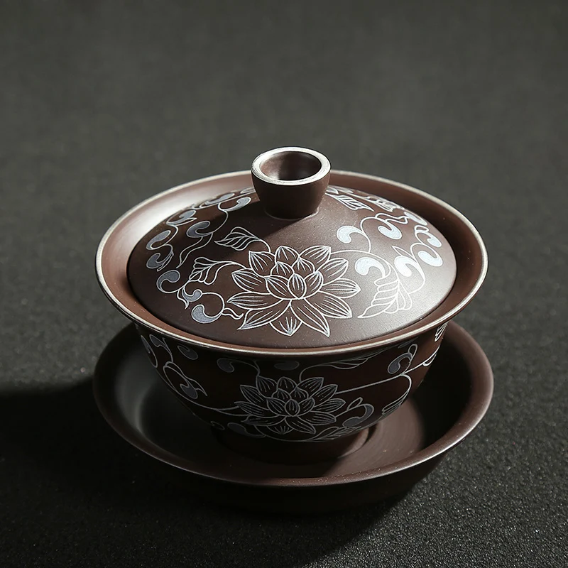 140 мл аутентичный китайский чайник для заварки чая Gaiwan винтажная пион ручная роспись фиолетовая глина чайный набор кунг-фу чайная чашка, чай чаша мастер чашки чайный горшок Tureen - Цвет: A