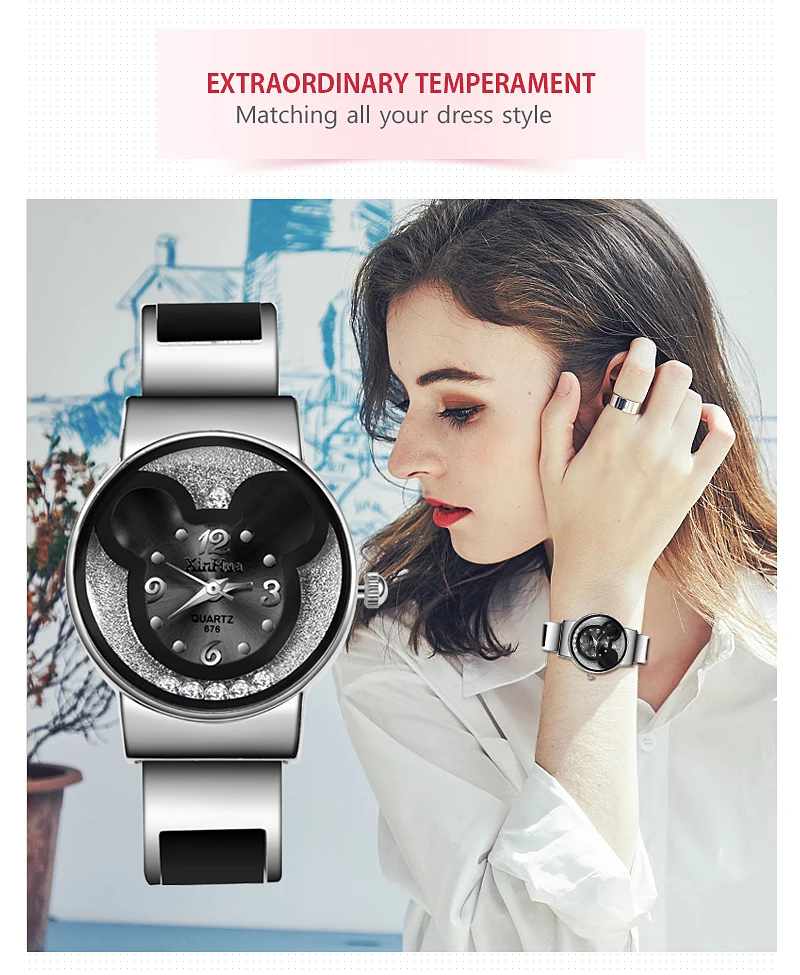 Лидирующий бренд, женские часы,, Микки Маус, нержавеющая сталь, женские часы, женские часы, Relojes Mujer Montre Zegarek Damski
