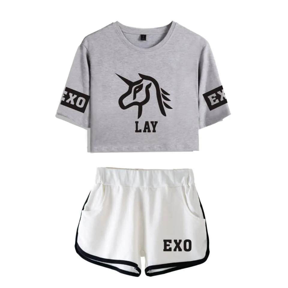 EXO 2018 Cool Casual Two Piece Set Women T shirt Kpop Fashion Print Suit Summer Sexy Cotton Crop Tops + Shorts Pants |