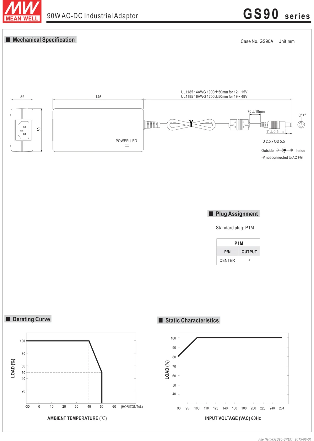 Meanwell GST90A12-P1M переменного тока 3-полюсный промышленного рабочего стола для адаптера переменного тока 12V 6.67A 80 Вт Выходной интерфейс 5,5*2,5 мм блок питания с PFC