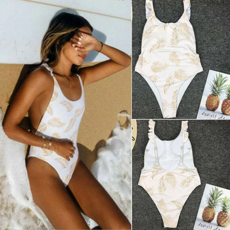 Женское боди с оборками облегающее принтом листьев и лямками Облегающий