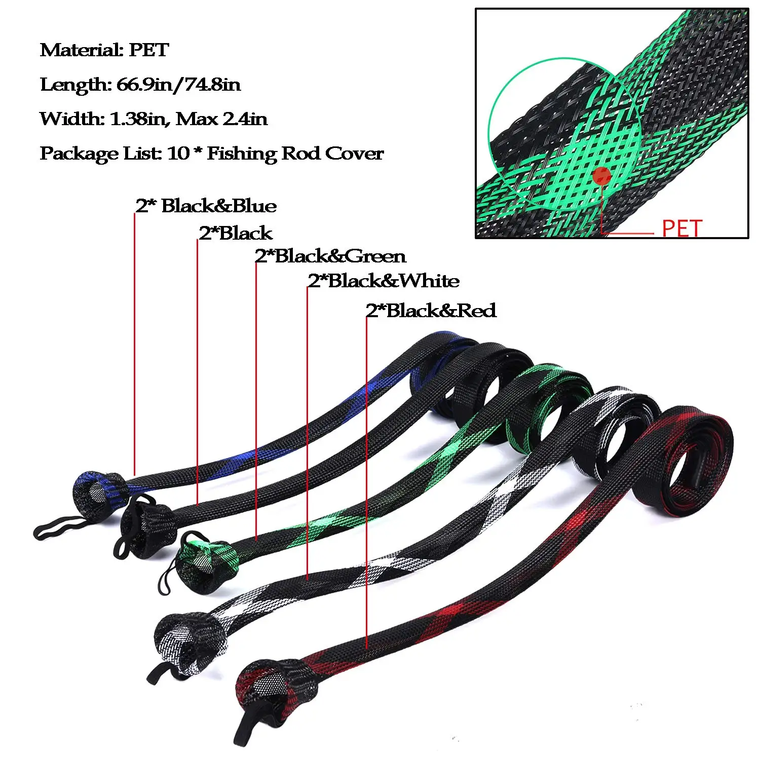 ZHENDUO OUTDOOR 10Pcs Fishing Rod Sleeve Rod Socks 67’’/74.8’’ Rod Covers Braided Mesh Rod Protector Fishing Tools Accessories