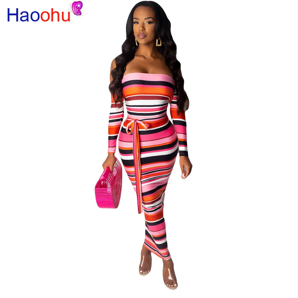 HAOOHU/Полосатое платье с открытыми плечами и длинным рукавом сексуальное Макси для
