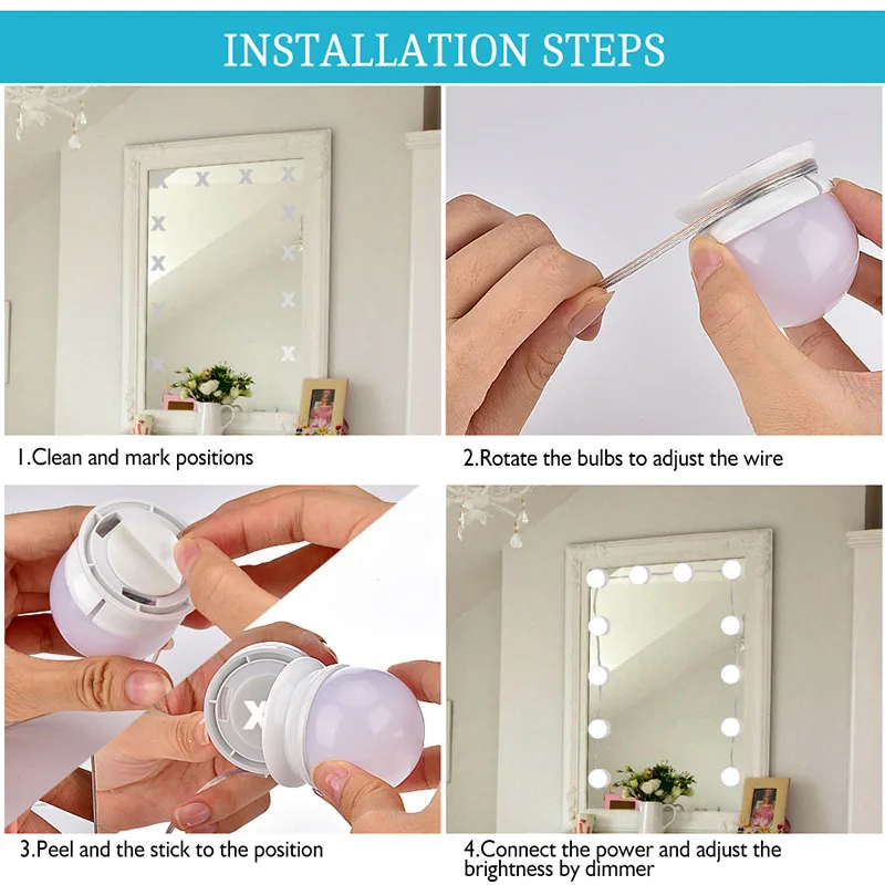 10pcs Makeup Mirror Bulbs Vanity LED Light Bulbs USB Powered Mirror Light Makeup Vanity Lamp Adjustable Cosmetic Mirrors Light