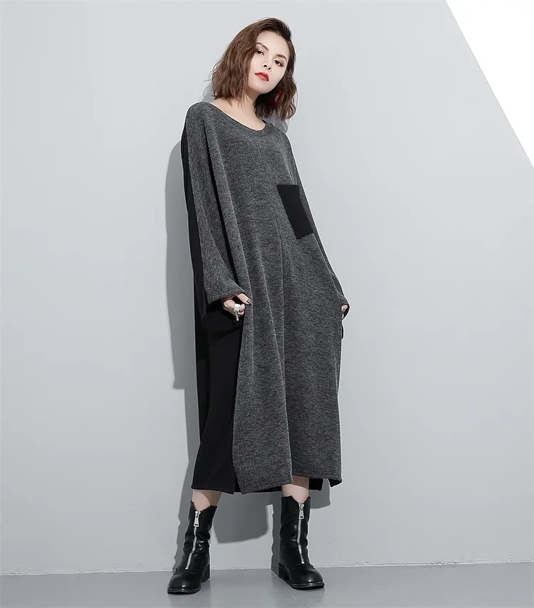 Depictdream 2017 new autumn solid color round neck long sleeve black knitting big size dress women fasihon tide |