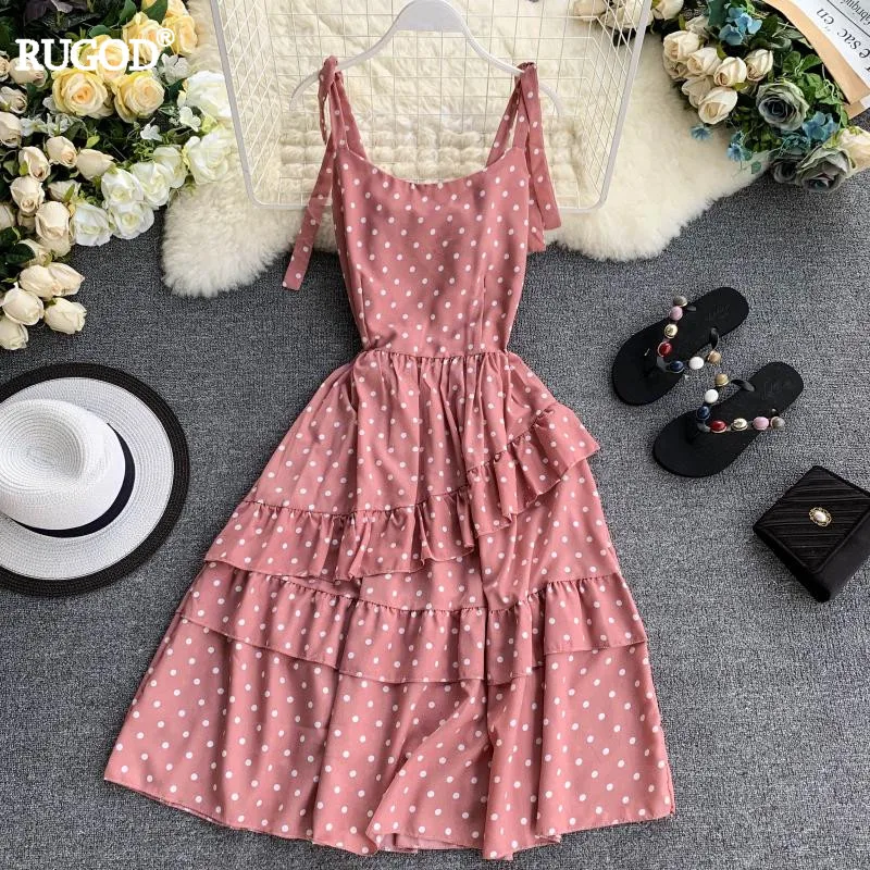 RUGOD Women Polka Dot Print Ruffle Dress 2019 Summer Spaghetti Strap Irregular Midi Preppy Style Korean Lady Vestido | Женская одежда