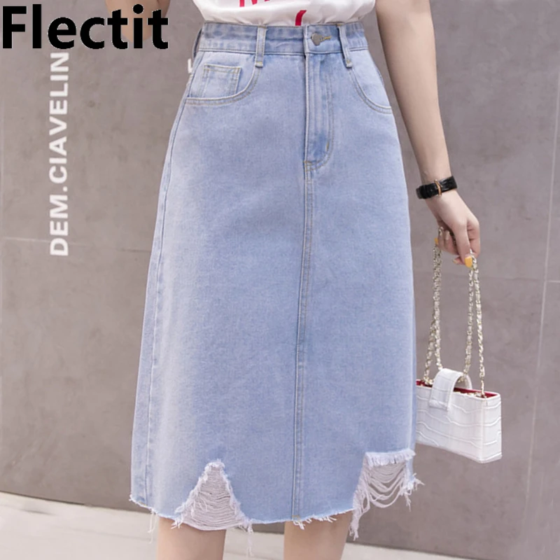 Flectit 2019 новая рваная джинсовая юбка женская до колена с завышенной талией