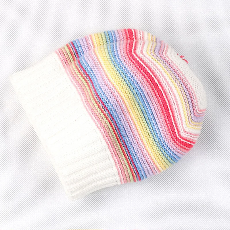Rainbow Stripe Baby Beanies Warm Hat Winter Thick Crochet Cotton Infant Girls Caps High Quality Comfortable with Pompom 2019 New | Детская