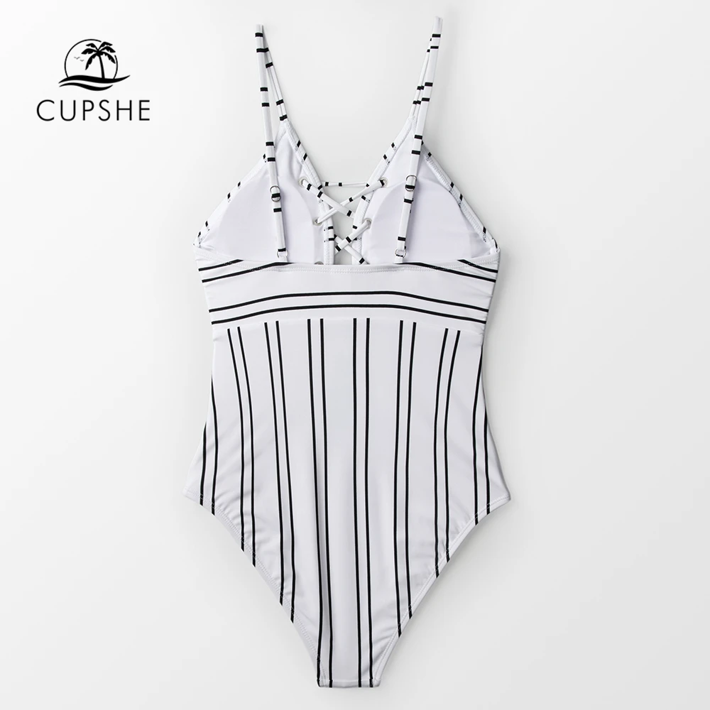 CUPSHE, черный и белый полосатый Цельный купальник на шнуровке, Женский Классический Монокини, купальник,, для девушек, пляжные купальники