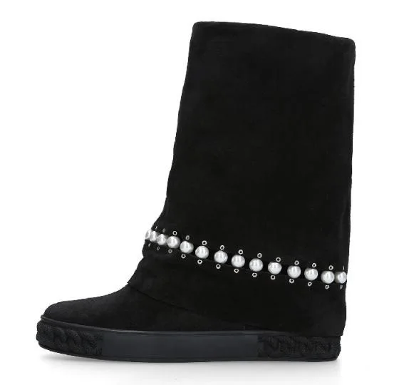 

Spring New Woman Casual Solid Black String Bead Pearls Height Increasing 8 cm Wedge Heel Mid-calf Round Toe Short Slip On Boots