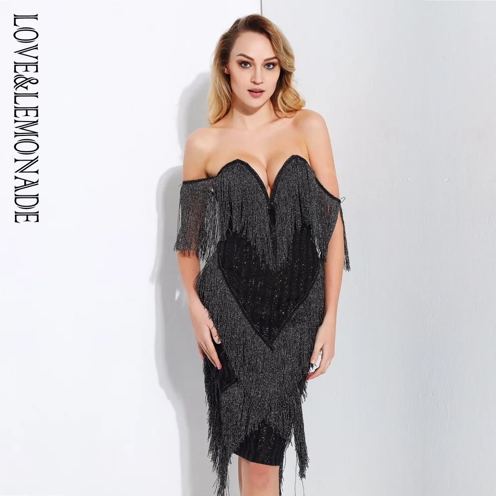 LOVE & LEMONADE черное платье в полоску с глубоким v образным вырезом и кисточками