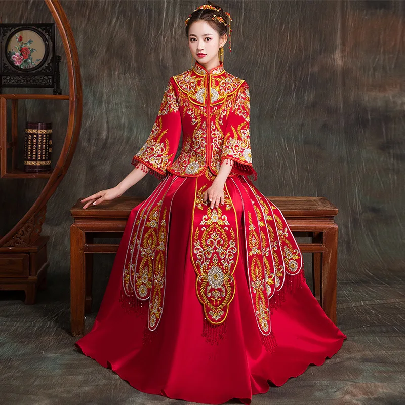 

Женское свадебное платье с вышивкой Феникс, красное винтажное платье Ципао в полную длину с воротником-стойкой и юбкой в китайском стиле, ко...