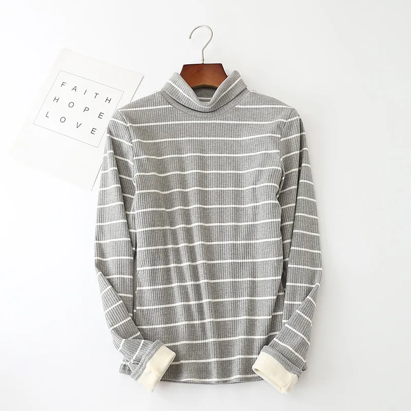 2018 осень-зима женская футболка в полоску с высоким воротником теплая Толстая