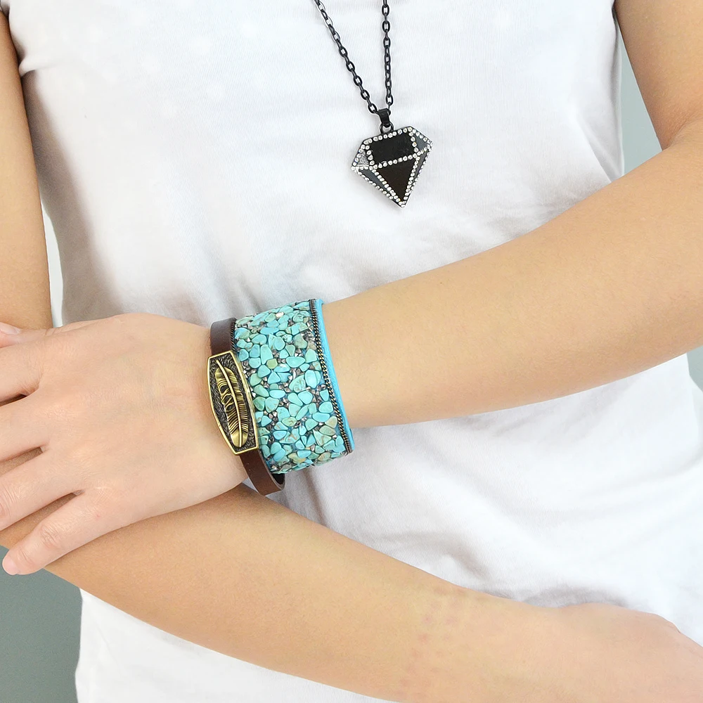 Feelshine Statement Bracelets Wide PU Leather Blue Black Red Stone Wrap Wristband For Women and Men Jewelry Bijoux | Украшения и