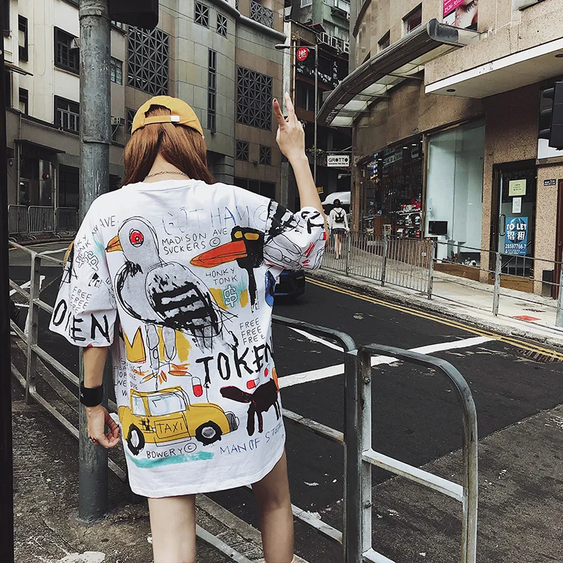 Летняя винтажная Длинная Футболка Harajuku с коротким рукавом, Женская белая футболка с мультяшным принтом, универсальные повседневные свободные женские топы, футболки