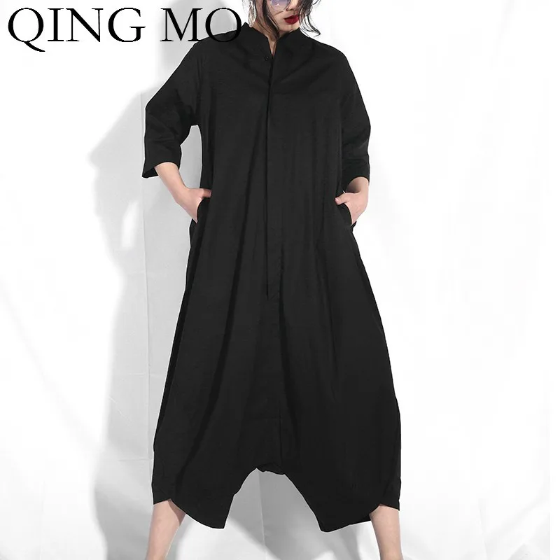 Женские однотонные комбинезоны QING MO черные с коротким рукавом до щиколотки