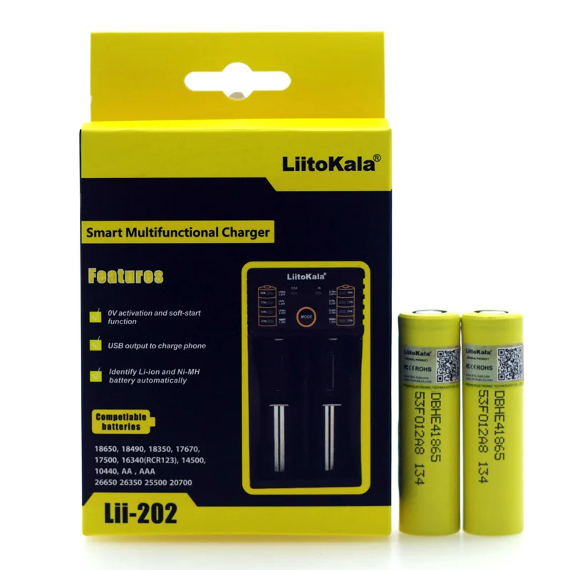 

Liitokala lii-202 1.2V 3.2V 3.7V 26650 16340 Smart Charger+2PCS LGDBHE4 2500mAh 18650 Discharge 20A 30A Rechargeable Battery