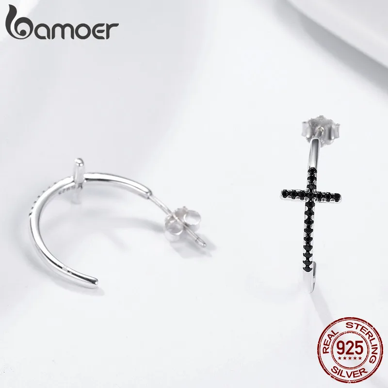 BAMOER, популярные,, 925 пробы, серебряные, классические, крест, черные, CZ, висячие серьги для женщин, Стерлинговое серебро, ювелирные изделия, Brincos SCE262