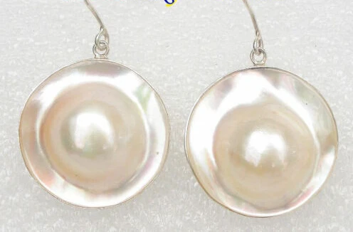 

jewerly free shipping AAA naturel rare 22 mm blanc mer du sud Mabe perle boucles d'oreilles 925sc Dangle j7802