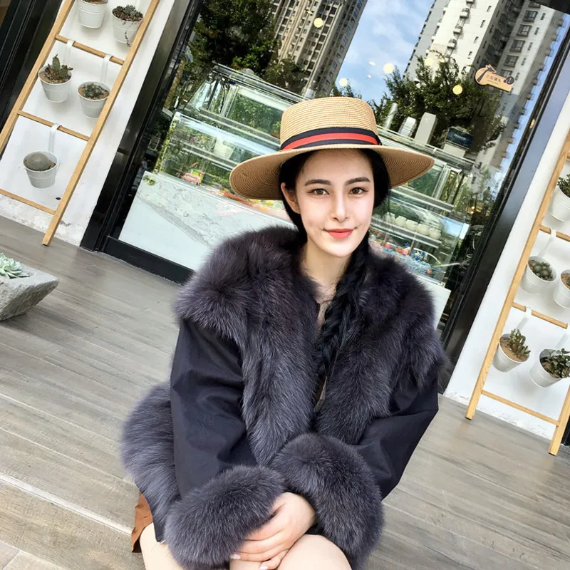 Both sides of the fox fur coat import parka female bladder short flight suit jacket | Женская одежда