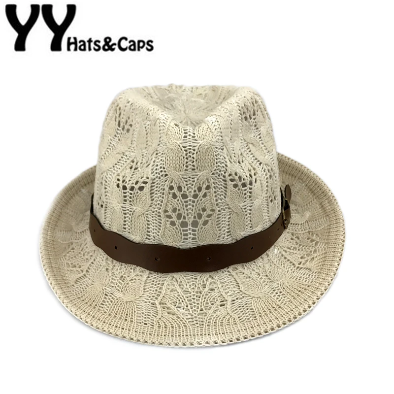 Вязаная женская панама-шляпа Trilby Fedora с поясом из пряжи летняя джазовая шляпа